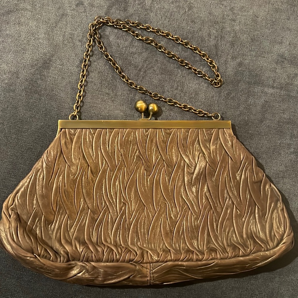M Flynn vintage leather bag - bronze metallic leather clutch with chain.